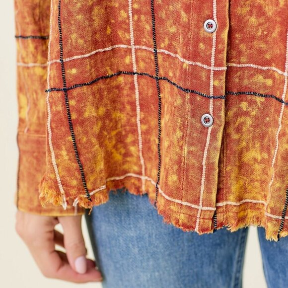 MYSTREE Rust Plaid Button Down Shirt, Distressed Hem Flannel Shirt - Picture 7 of 7
